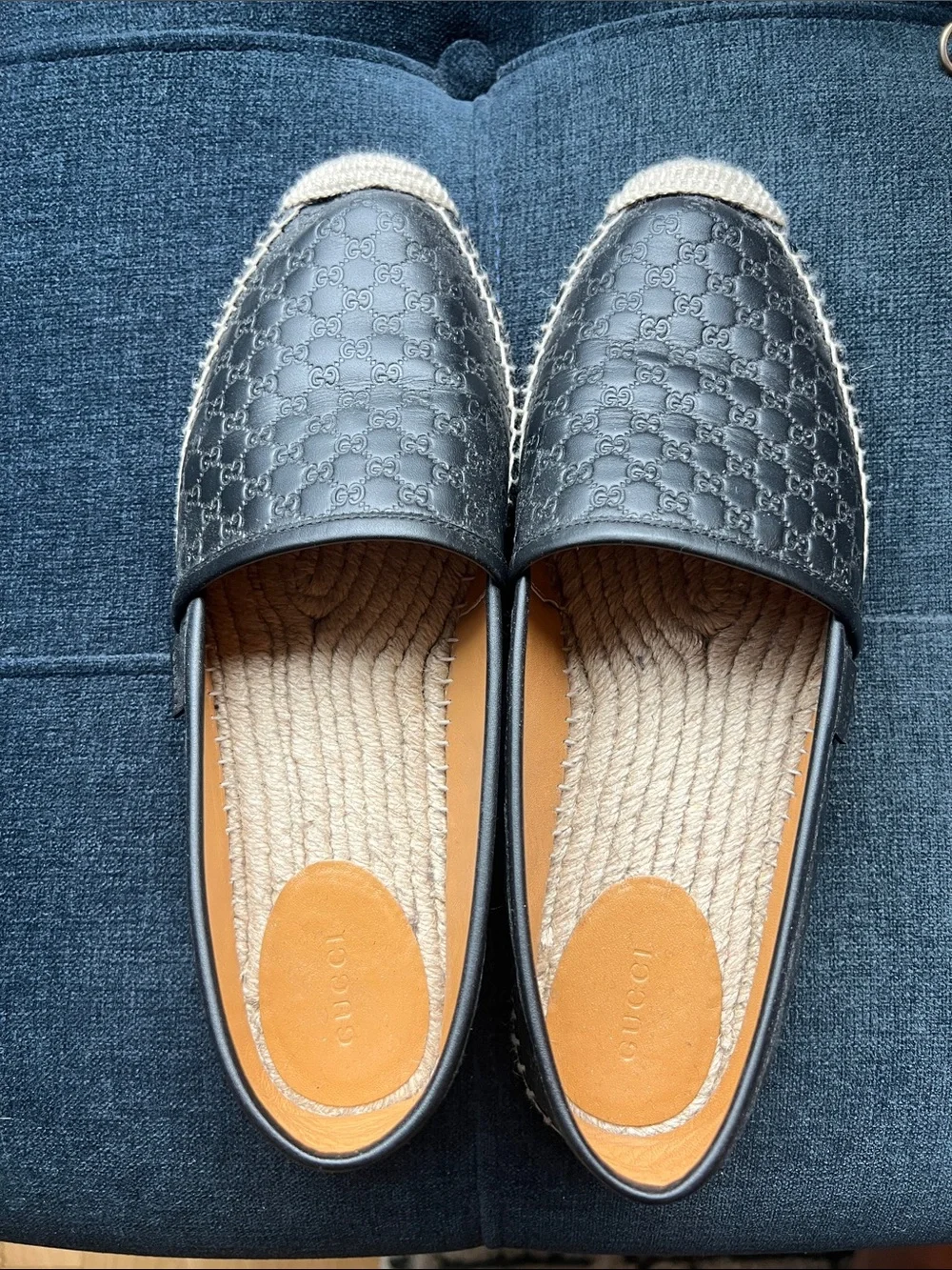 Gucci Black Embossed GG Leather Espadrille Slip-Ons, never worn outside!